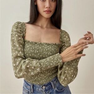 Reformation Green Smocked Puff Sleeve Top